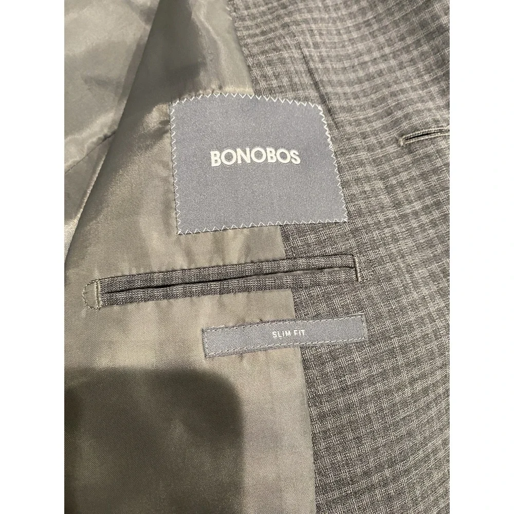 Bonobos Blazer Mens 44L Slim Fit Gray Check 100% Wool Lightweight Sport Coat